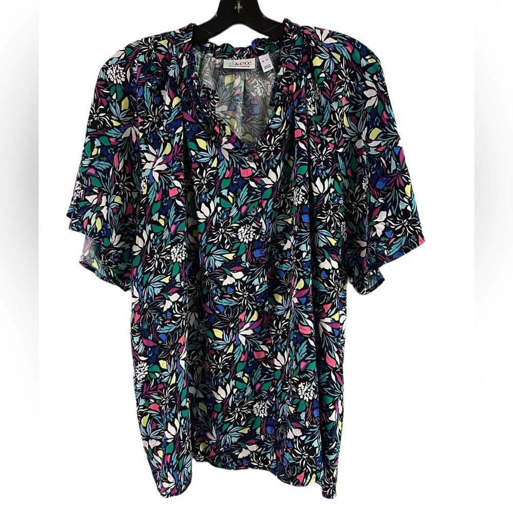 Denim & Co Black Floral Flutter Sleeve Top Size XL